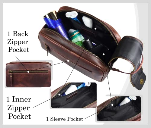 10" Premium Leather Toiletry Travel Pouch With Waterproof Lining | King-Size Handcrafted Vintage Dopp - Kit By Aaron Leather Goods (Dark Brown) - color: Dark Brown