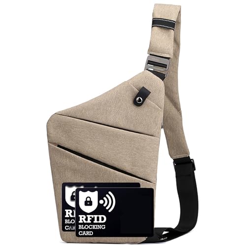 Anti Theft Crossbody Bags for Women Men, Multi-Pocket Shoulder Bag, Slim Sling Purse with 2 RFID Blocking Card (Right Shoulder-Khaki) - color: Right Shoulder-khaki