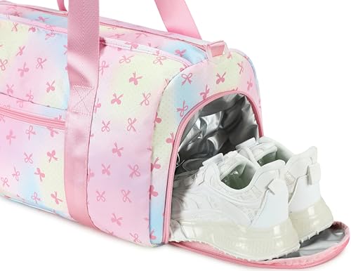 Gym Bag Sports Duffle Bag with Wet Pocket Weekender Overnight Bags with Waterproof Shoe Pouch and Air Hole for Girls Kids Women Workout Travel Bags (Bow Rainbow) - color: Bow Rainbow