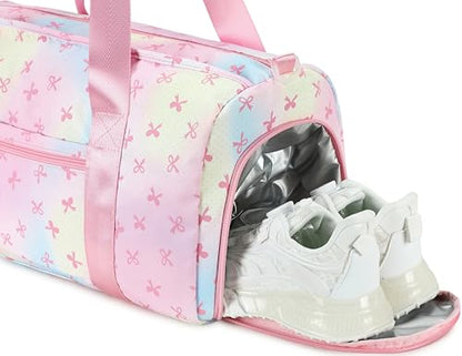 Gym Bag Sports Duffle Bag with Wet Pocket Weekender Overnight Bags with Waterproof Shoe Pouch and Air Hole for Girls Kids Women Workout Travel Bags (Bow Rainbow) - color: Bow Rainbow