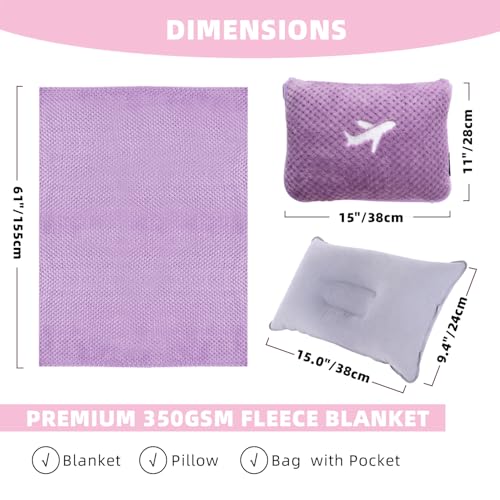 3 in 1 Travel Blanket Pillow Set - 350 GSM Thick Travel Blanket Airplane Compact with Bag, Soft Bag with a Pocket, Inflatable Travel Pillow for Camping & Car Trip (Violet) - color: Violet