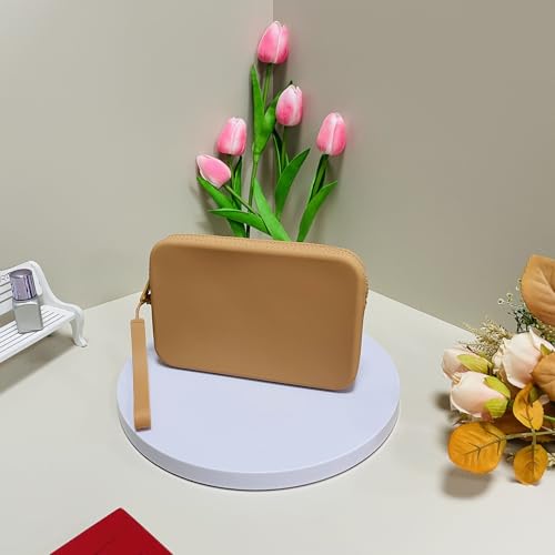 Large Silicone Multifunctional Essential Bag Portable Travel Makeup Bag for Women Men Cards Cash Zipper Pouch (Khaki) - color: Khaki