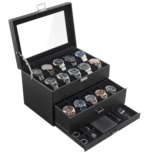 ProCase 20 Slot Watch Box for Men, 3-Layer Watch Display Case with Glass Lid, Watch Holder with Drawer, Jewelry Storage Organizer for Watches Straps Rings, Fathers Day Gift -Allblack - color: AllBlack.