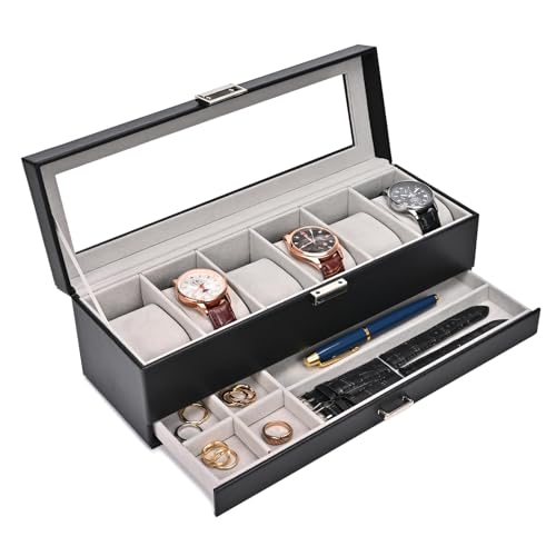 ProCase Watch Box, 6 Slot Watches Display Case with Drawer, Mens Watch Case with Glass Lid, 2-Layer Mens Jewelry Organizer Storage Holder, Birthday Valentine Gifts for Men -6 Slot, Black - color: Black, size: 6-Slot