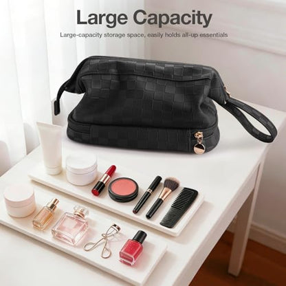 Abiudeng Large Capacity Makeup Bag Ladies Cosmetic Bag Travel Bag with Compartments Portable PU Leather Travel Makeup Bag with Handle - color: Checkerboard-Black