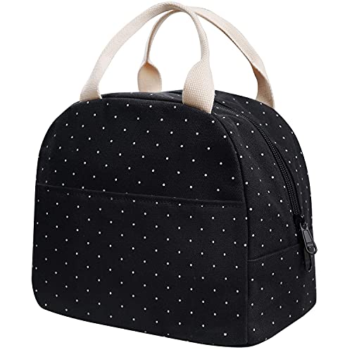 EurCross Upgraded Compact Black Lunch Bag for Girls Women,Canvas Reusable Insulated Polka Dot Lunch Tote Box Bag for Work School - color: Black Polka Dot
