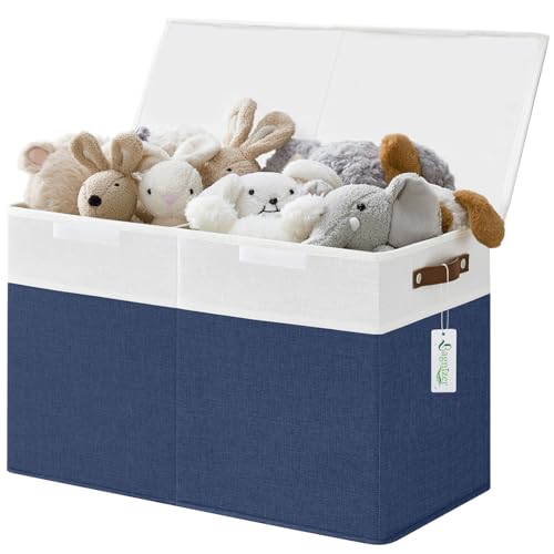 Bagnizer Large Toy Storage Box with Lids, Collapsible Sturdy Baby Storage Organizer Chest Bin Basket for Kids, Boys, Girls, Playroom, Nursery, Bedroom, Closet 25"x13"x16" (Navy Blue and White) - color: Navyblue and White
