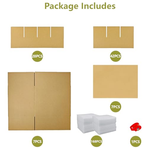7 Sets Moving Boxes with Divider Kits,16 x 12 x 13 Inch Glassware Dish Packing Box Kitchen Moving Box Corrugate Dividers with 168 Pcs Foam Pouches,2 Pcs tape rolls with dispenser(Two Layer) - style: 7 Sets-two layer-16x12x13in