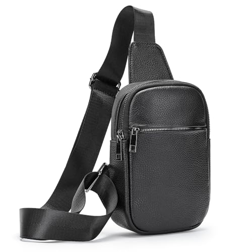 Genuine Leather Sling Bags for Men Crossbody Purse Vintage Small Messenger Shoulder Bag for Phone Side Chest Daypack Bag - color: 9163-black