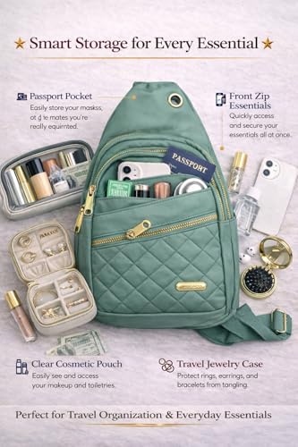 Travel Essentials Gift Set for Women – 7 Pc Travel Kit with Sling Bag, TSA Pouch, Jewelry Case & Sleep Mask - color: Spritzy Sage