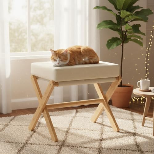 BAMBOOHOMIE Foldable Foot Stool Ottoman, Modern Foot Rest with Bamboo X Legs & Thick Foam Cushion, Folding Foot Stools Small Padded for Bedroom Living Room, Footstool for Chair Couch (Natural - Beige) - color: Natural - Beige