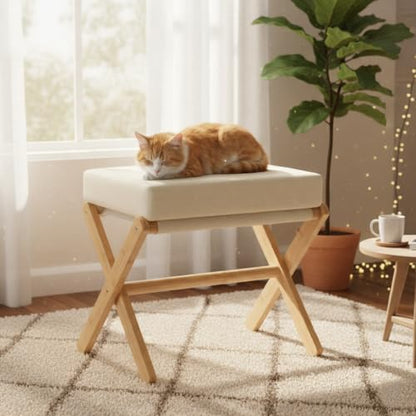 BAMBOOHOMIE Foldable Foot Stool Ottoman, Modern Foot Rest with Bamboo X Legs & Thick Foam Cushion, Folding Foot Stools Small Padded for Bedroom Living Room, Footstool for Chair Couch (Natural - Beige) - color: Natural - Beige