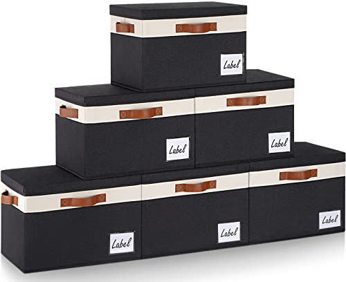 GhvyenntteS Fabric Storage Bins with Lids 6 Pack, Foldable Fabric Storage Baskets with Lid and Handles, Large Closet Organizers and Storage boxes with Label for Home Office (Black, 15" x 11" x 9.7") - color: Black with White, size: Large-6 Pack