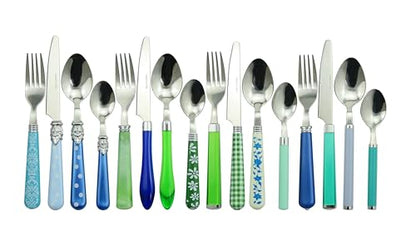 The Original Brink House Eclectic Blue Green Mix & Match Stainless Steel Cutlery Set / 16 pieces with Metal Stand/Lifestyle utensils set for home, first apartment, dorm, dinner parties - color: Eclectic Blue Green