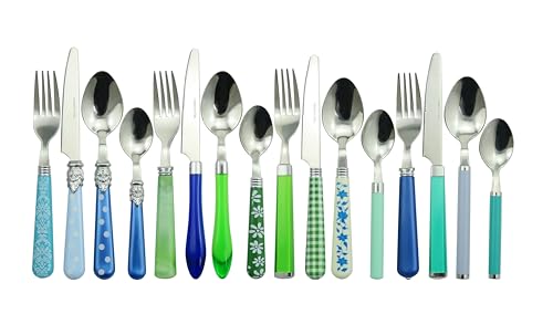 The Original Brink House Eclectic Blue Green Mix & Match Stainless Steel Cutlery Set / 16 pieces with Metal Stand/Lifestyle utensils set for home, first apartment, dorm, dinner parties - color: Eclectic Blue Green