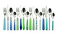 The Original Brink House Eclectic Blue Green Mix & Match Stainless Steel Cutlery Set / 16 pieces with Metal Stand/Lifestyle utensils set for home, first apartment, dorm, dinner parties - color: Eclectic Blue Green