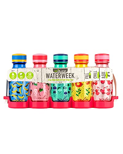 REDUCE WaterWeek 14 oz Tritan Reusable Water Bottles - Includes 5 Leak Proof Bottles and Fridge Tray - BPA Free and Dishwasher Safe - color: Berry, size: 14 Ounces
