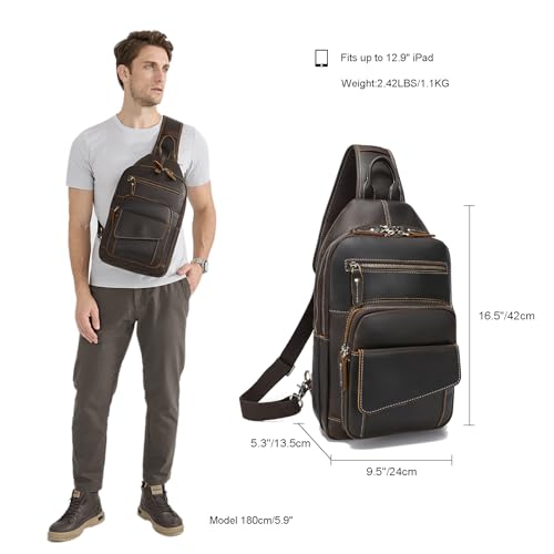 LANNSYNE Full Grain Leather Casual Sling Bag For Men Hiking/Travel/Business Crossbody Chest Bag Fits 12.9" iPad - color: Brown for 12.9 Ipad