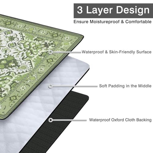 Supfitness Extra Large Picnic Blankets Waterproof Foldable (60"x 80") Beach Blanket Waterproof Sandproof,3-Layer Thicking Mat Outdoor Packable Camping Blanket - color: Boho-green, size: 60x80in