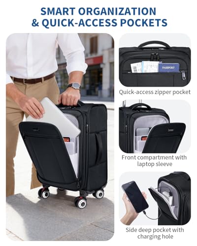 ECOHUB Carry On Luggage Airline Approved, 21 Inch Height Softside Carry On Suitcase with Spring Shock-Absorbing Spinner Wheels, Lightweight Travel Luggage with TSA Lock, Fits 22x14x9 Carry-On Bag - color: Black