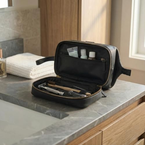 LEATHER VILLAGE Genuine Leather Dopp Kit – Large Travel Toiletry Bag with Waterproof Lining, Dual-Zip Design for Men & Women, Organizer for Shaving, Makeup & Essentials - Black - color: Black