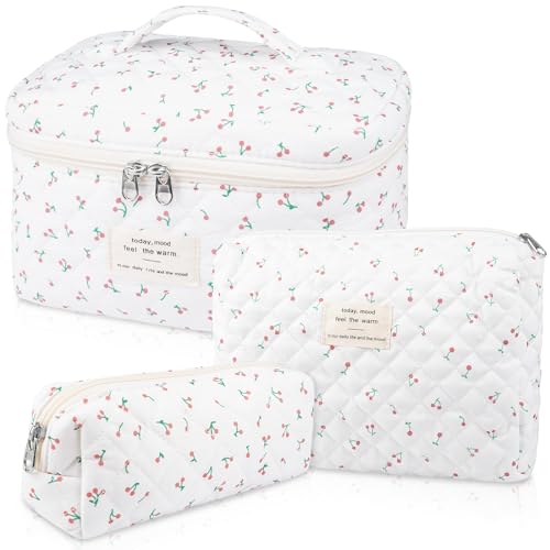 Gosect Large Makeup Bag Set, Quilted Makeup Bag, Floral Cosmetic Bag for Women, Cute Cotton Makeup Bags, Flower Travel Toiletry Organizer Bag (white) - color: BYT