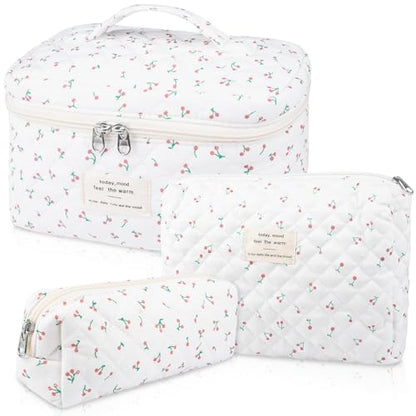 Gosect Large Makeup Bag Set, Quilted Makeup Bag, Floral Cosmetic Bag for Women, Cute Cotton Makeup Bags, Flower Travel Toiletry Organizer Bag (white) - color: BYT