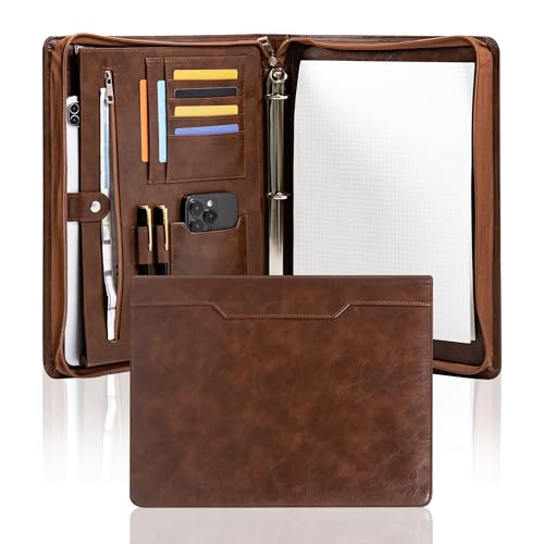 Professional 3-Ring Portfolio Organizer A4 Padfolio with Zipper, Premium PU Leather Business Planner Folder for Resume, Interview, Office, and Travel – Dark Brown - color: Brown