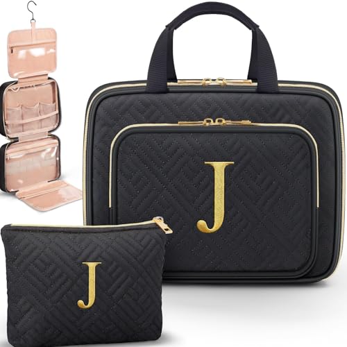 Gifts for Women, Initial Toiletry Makeup Bag Hanging Cosmetic Organizer with Embroidery Letter Personalized Nurse Teacher Appreciation Birthday Mothers Day Gifts for Mom Sister Wife Friends Auntie Her - style: J
