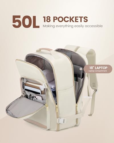 LOVEVOOK 50L Travel Backpack Flight Approved Carry on Backpack,3 Packing Cubes,Waterproof Personal Item Travel Bag,TSA Carry on Luggage Suitcase Travel Essentials,Gifts for Women & Men,fits 18" Laptop - color: Beige-flesh Beige, size: X-Large-50L-4Pcs