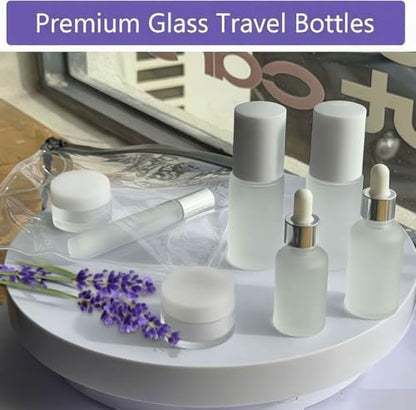 18-Pack Glass Travel Bottles Set, 1.35/0.7/1 oz TSA Approved Containers with Pump Spray, White Small Bottles for Toiletries, Makeup, Skincare - color: White-frosted glass