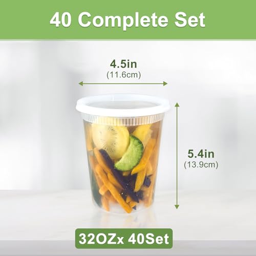 Dipoo 40 Sets (80-Piece) Deli Containers with Lids 32 oz, Leak-Proof & BPA Free Airtight Takeout Plastic Food Storage Containers for Soup, Freezer/Microwave/Dishwasher Safe - size: 32 oz - 40 Sets