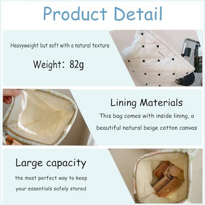 uekeboag White Quilted Cotton Makeup Pouch,Coquette Quilted Toiletry Bag for Women and Girls, Floral Coquette Organizer Bag, Aesthetic Travel Cosmetic Bags(01White Dots) - color: 01White Dots