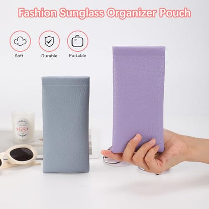 Squeeze Top Sunglass Pouch - Portable Sunglass Organizer Pouch Bags Soft PU Leather Glasses 2 Pack - color: Mica Green+light Pink