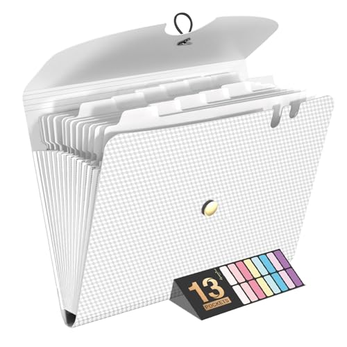 Sooez Expanding File Folder, 13 Pocket Accordion File Organizer, Monthly Expandable File Folder for Documents with Labels, Portable Bill Receipt Organizer for School Office Supplies, Letter A4 Size - color: White