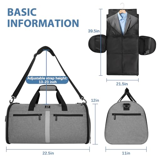 Garment Bags for Travel,50L Carry on Convertible Garment Duffle bag with Shoulder Strap,3 in 1 Hanging Suit Travel Bag with Shoulder Strap - color: Grey