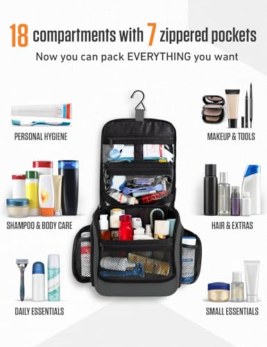 VENTURE 4TH Hanging Travel Toiletry Bag for Women & Men – Large Toiletry Organizer with 18 Compartments, Removable TSA Pouch, Travel Wash Bag for Toiletries, Makeup & Shaving Kit (Gray) - color: Gray