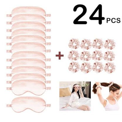24Pcs Satin Eye Mask Silk Sleep Masks Silky Eyes Cover Blackout Blindfold Eyeshade Scrunchies Hair Ties Travel Wedding Gift - color: Blush