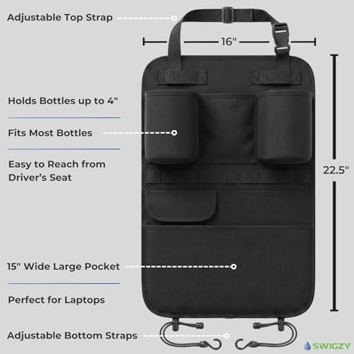 Swigzy Premium Seat Back Organizer Water Bottle Holder & Kick Mat Protector | Large Water Bottle Holders, Cordura Nylon, Laptop Pocket, Sag-Free Adjustable Fit