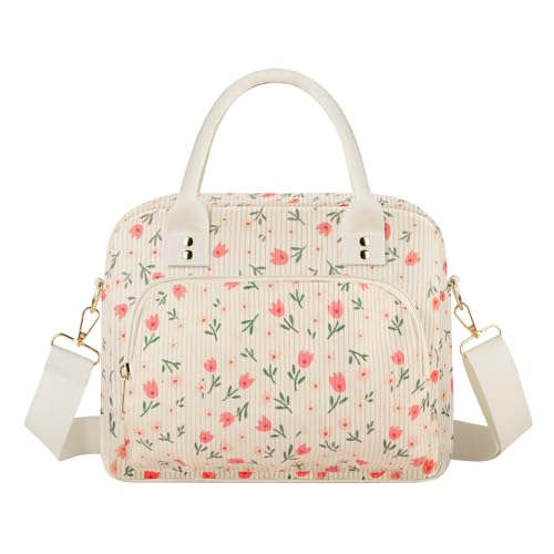 Lunch Bag Large Insulated Lunch Box for Women Men Adult Cute Pink Floral Lunchbox Corduroy Lunch Bags Boxes Pail with Shoulder Strap for Work Mom Picnic Office Travel 11.4×6.8×9.1 inches 11.5L Beige - color: Pink Floral