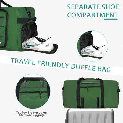 Foldable Travel Duffle Bag for Men Women, Waterproof with Shoe Compartment, 80L 120L Large Collapsible Luggage Bag, Lightweight Packable Duffel for Travel Sports Gym Airline Carry On Checked Bag - color: Green