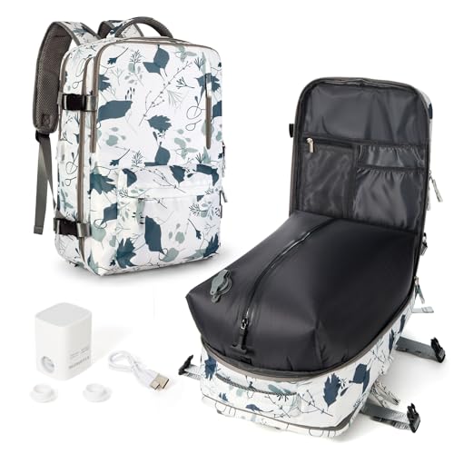 WONHOX Vacuum Seal Backpack for Travel with Air Pump Vacpack Carry on Flight Approved Compression Daypack Laptop Space Saver Bags Storage with Vacuum System 18x14x8 inches Travel Bag Women LeafWhite - color: A10-white