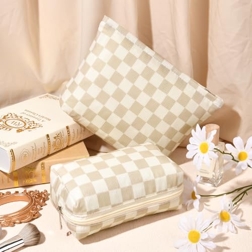 SOIDRAM 2 Pcs Checkered Makeup Bag Large Cosmetic Bag Toiletry Bag Makeup Pouch Travel Bag Organizer Cute Makeup Brushes Aesthetic Accessories Storage Bag for Women Brown Checkered - color: Brown Checkered