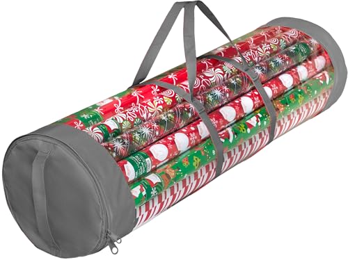 ZOBER Round Christmas Gift Wrapping Paper Organizer Storage - 40 Inch Gift Wrap Storage Containers - Wrapping Paper Holder, Clear PVC with Durable 600D Oxford Fabric, Fits 25 Standard Rolls - Gray - color: Clear with Gray Sides