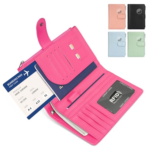 RFID Passport Holder for Women/Men Travel Gifts, Large Capacity Passport Wallet, Family Travel Documents Organizer with Card/Airtag Slots, Zipper coin pocket, Cash Holder Passport Cover Case(Hot Pink) - color: Hot Pink