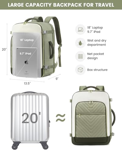 LOVEVOOK Large Travel Backpack for Women, TSA Carry on Backpack for Airplanes, 50L Personal Item Travel Bag for Women fits 17" Laptop,Waterproof Carry on Bag Airplane Approved with 3 Packing Cubes - color: Bean Green - Light Yellow - Dark Olive Green, siz