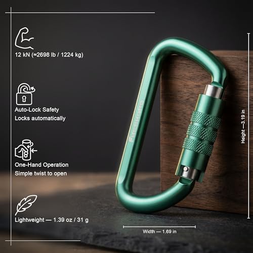 FresKaro 3inch 12kN-2698lbs Auto Locking Carabiner Clips, Solid D Shape, Heavy Duty 7075 Aluminum, Lightweight 1.09oz, Rust Proof, for Hammock, Hiking, Dog Leash, Keychain etc., Multi-Colors - color: Green-3pcs
