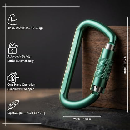 FresKaro 3inch 12kN-2698lbs Auto Locking Carabiner Clips, Solid D Shape, Heavy Duty 7075 Aluminum, Lightweight 1.09oz, Rust Proof, for Hammock, Hiking, Dog Leash, Keychain etc., Multi-Colors - color: Green-3pcs
