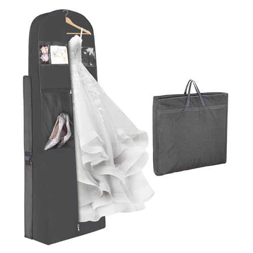 Univivi Portable Wedding Dress Garment Bag, 72 Inch Trifold Bridal Dress Bags for Gowns Long with 12'' Gusseted and Accessory Pockets, Dress Cover for Wedding Dress, Evening Gowns (Grey) - color: Grey