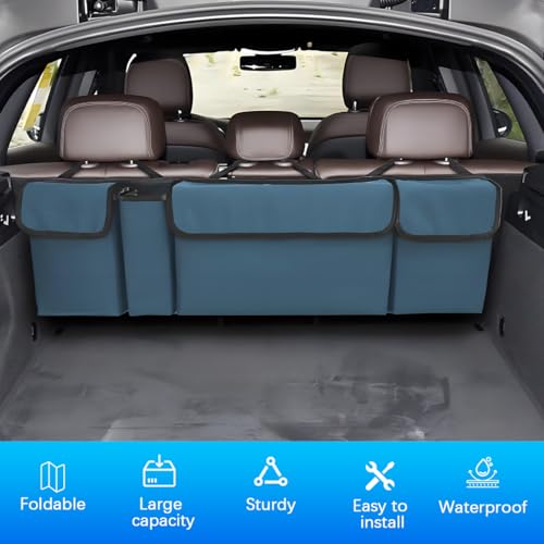 Car Trunk Organizer with Lid, Large Waterproof Vehicle Backseat Hanging Storage Bag with 4 Pockets & Adjustable Straps, Collapsible Automotive Interior Cargo Bag, Universal Fit (Blue) - color: Blue